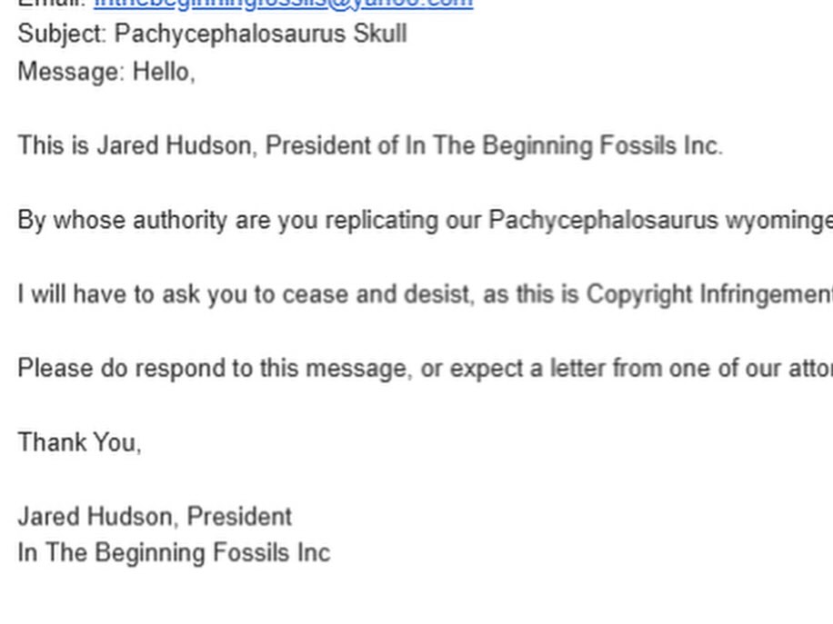 Screenshot of the cease and desist email from In The Beginning Fossils Inc.