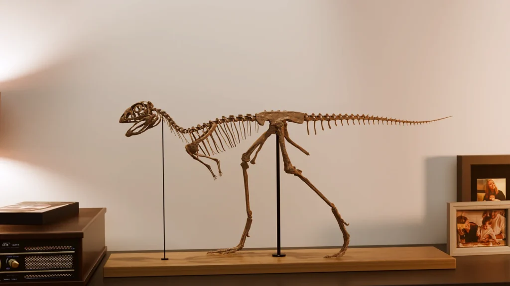 Life-size Berthasaura dinosaur skeleton STL printed and mounted on a wooden base