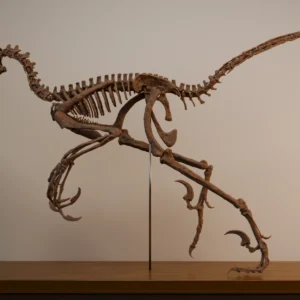 Bambiraptor skeleton STL printed life-size, lateral view on an oak base