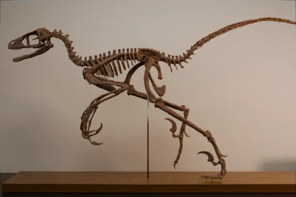Bambiraptor skeleton STL printed life-size, lateral view on an oak base