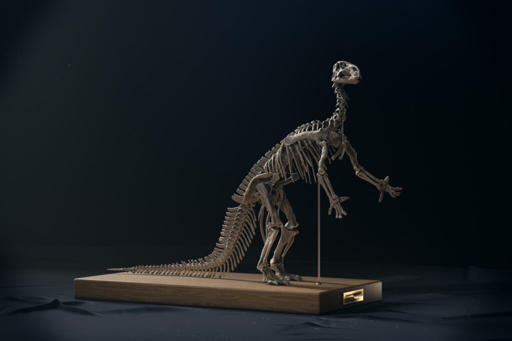 Iguanodon skeleton in the 1882 standing pose, side view, with the tail resting on the base